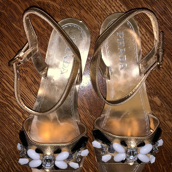 Prada Gold Leather Crystal Embellished Sandals - Picture 10 of 14